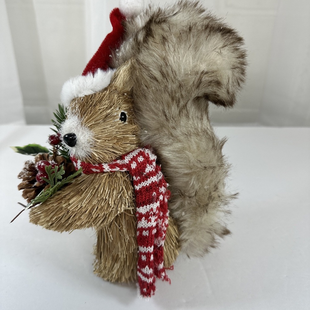 Sisal Squirrel With Holly And Pine Cone Christmas 8" Tall